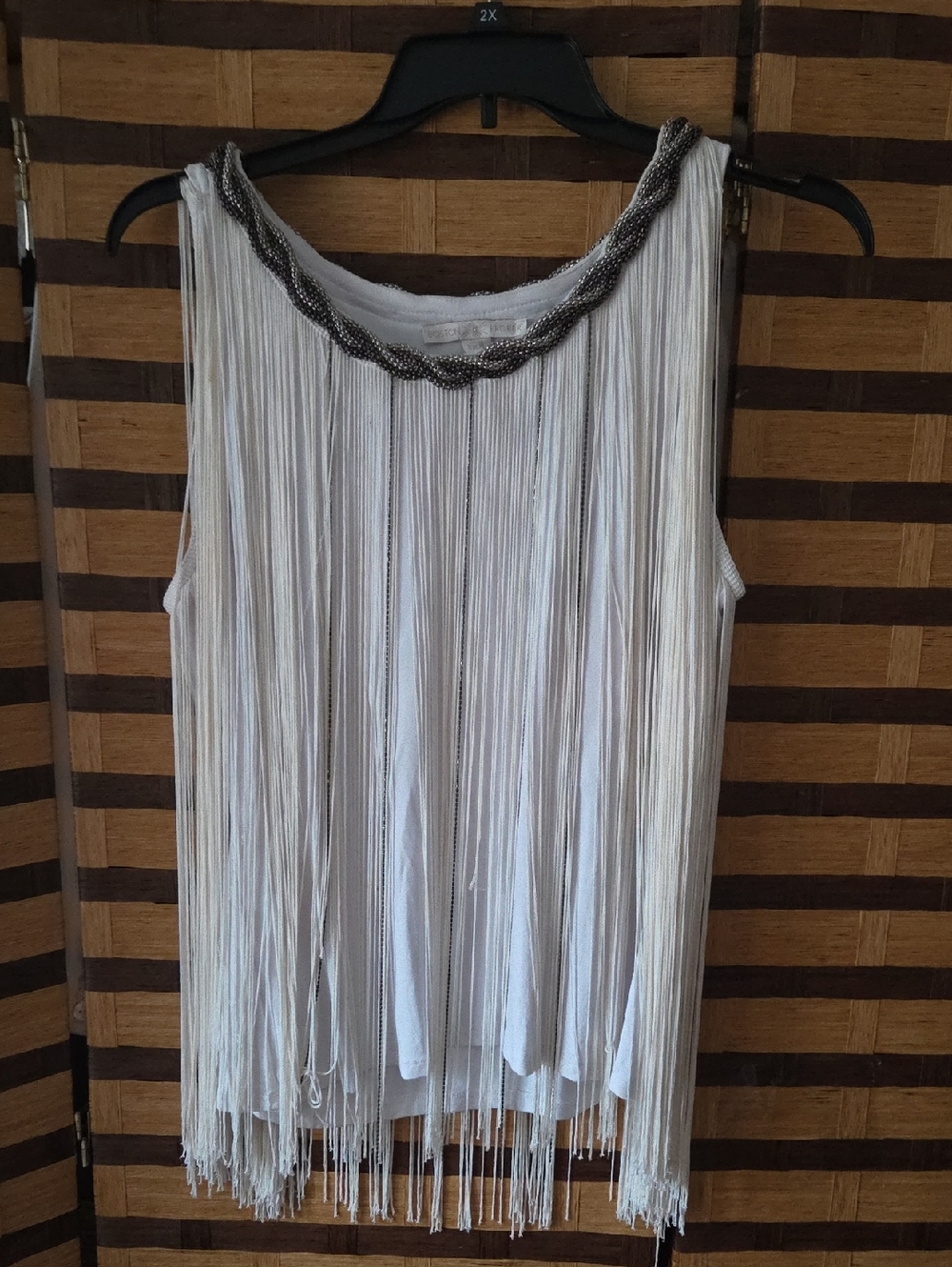 Boston Proper White Fringe Tank with Beaded Neckline
